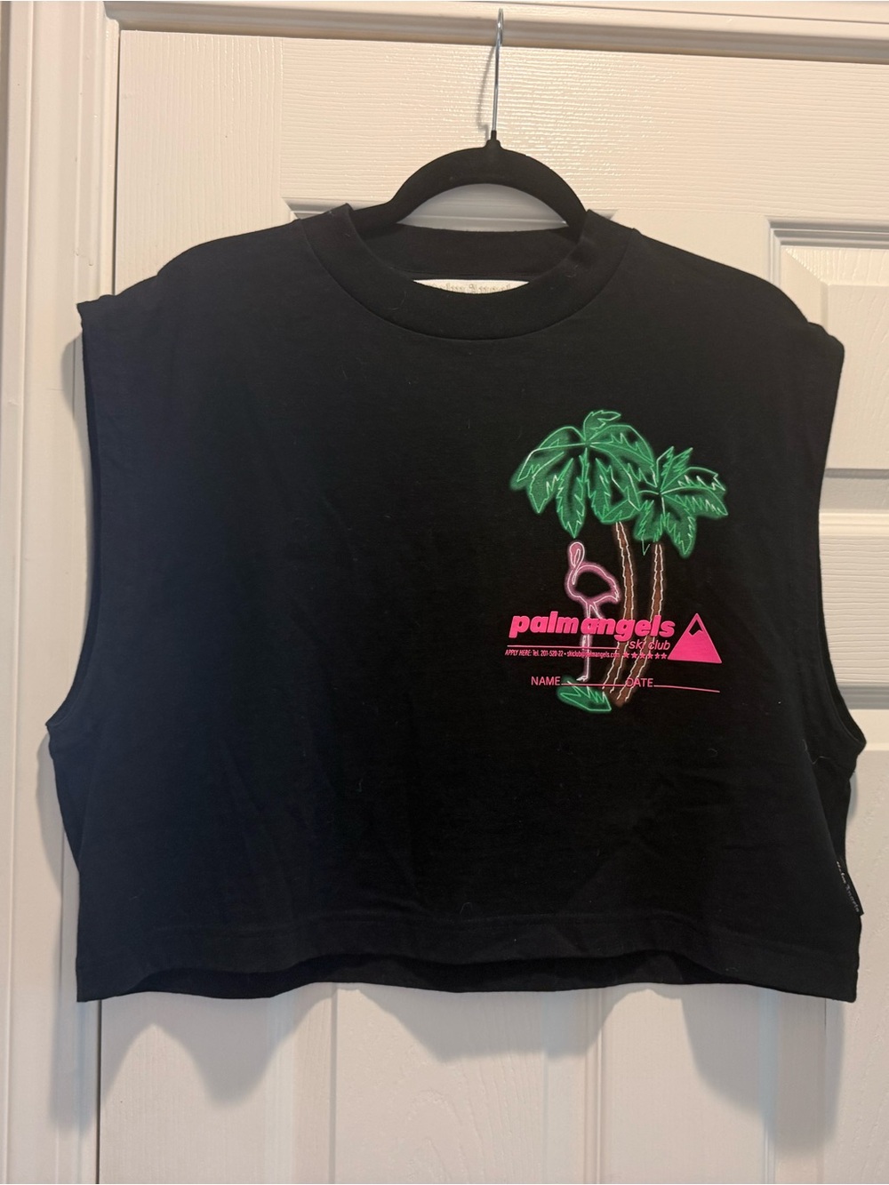 Palm Angels Black Cropped Tank with Neon Palm & Flamingo Motif